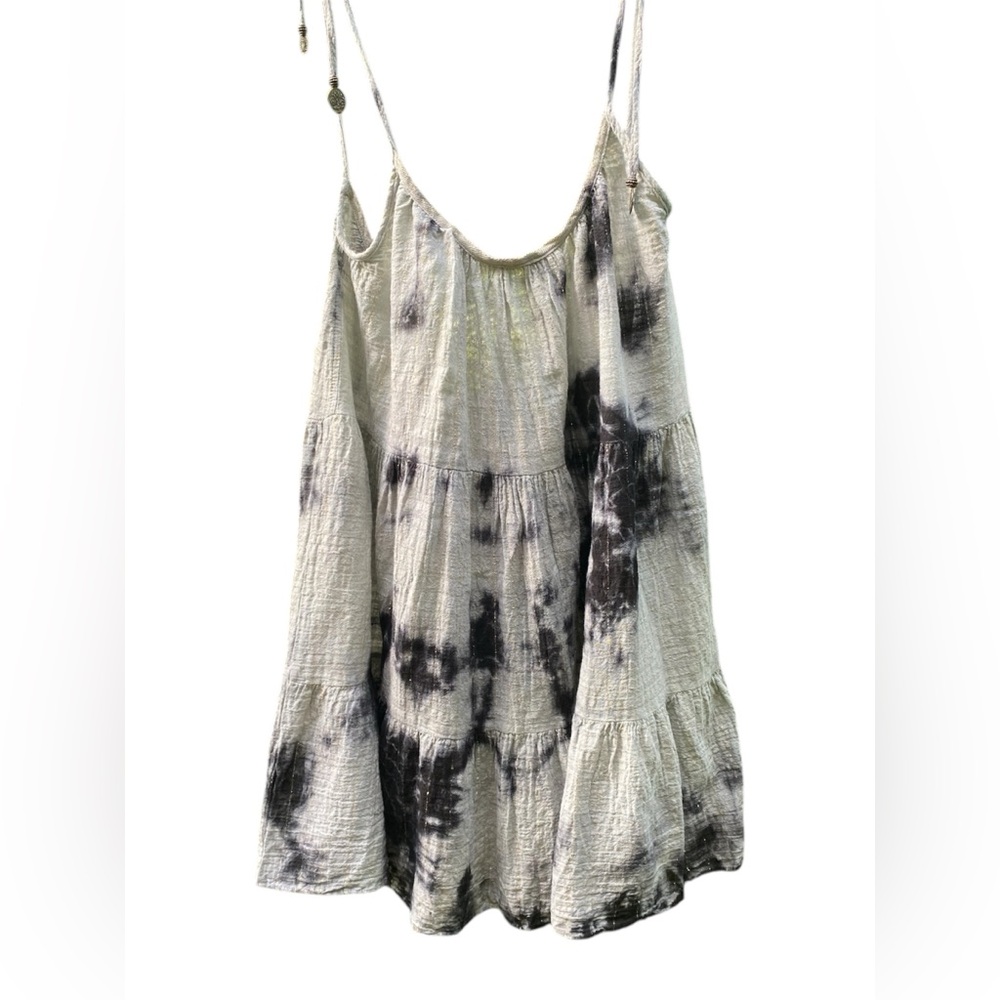 Christian Zen dress coverup black gray tie dye tiered metallic gauze cotton